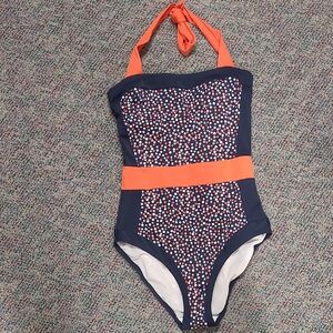 Like New Flattering Boden Santorini Navy and Orange Polka Dot Swimsuit